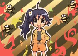  ahoge araragi_karen bee black_hair blush_stickers bug commentary_request crossover diagonal_stripes egg_hair_ornament female fire food-themed_hair_ornament hachisuke hair_ornament hand_in_pocket happy hood hooded_track_jacket hudson jacket lee_(monsterheart) long_hair looking_at_viewer monogatari_(series) nisemonogatari oerba_yun_fang open_mouth outline side_ponytail smile solo standing striped striped_background track_jacket white_outline 