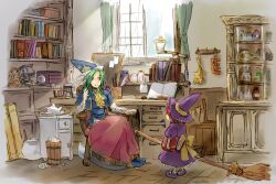  2girls arm_up ascot book bookshelf box broom capelet chair chemistry_set chest_of_drawers commentary_request crystal_ball cupboard desk dress ghost_tail green_eyes green_hair hat herb_bundle jar kazuharu kirisame_marisa kirisame_marisa_(pc-98) lolicon mima_(touhou) multiple_girls open_mouth pot purple_dress red_hair room scroll shirt sitting skirt teapot touhou touhou_(pc-98) trash_can tray window witch witch_hat 