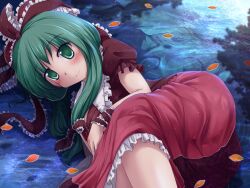  blush bow commentary_request dress female frills front_ponytail green_eyes green_hair hair_ribbon hairbow highres kagiyama_hina leaf long_hair lying lying_on_water lzh on_side partially_submerged puffy_short_sleeves puffy_sleeves red_dress ribbon shadow shallow_water short_sleeves smile solo touhou water 