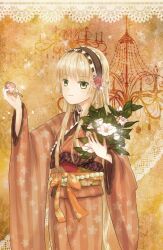  blonde_hair border bouquet chandelier commentary_request doily female floral_print flower gem gosick green_eyes hairband highres japanese_clothes kimono lace lace_background lace_border lolita_fashion long_hair ornate_border pearl_(gemstone) smoking_pipe solo striped victorica_de_blois wide_sleeves yutuki1612 