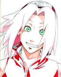  bare_shoulders female green_eyes grin headband looking_at_viewer naruto pink_hair portrait red_shirt sakura_haruno shirt short_hair simple_background sleeveless sleeveless_shirt smile solo sunahara_wataru teeth zipper 