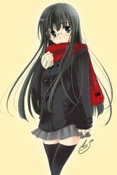  bad_link black_eyes black_hair black_thighhighs copyright_request female glasses jacket long_hair miniskirt photoshop_(medium) red_scarf sasaki_akane scarf signature simple_background skirt solo thighhighs 