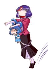  0_0 2girls :d =_= blue_hair blush_stickers chibi closed_eyes commentary_request full_body hair_rings hopping jiangshi kaku_seiga kisaragi_ryou_(sougetsu-tei) miyako_yoshika motion_lines multiple_girls no_headwear ofuda open_mouth outstretched_arms sharp_teeth short_hair simple_background skirt smile teeth touhou vest white_background wide_sleeves zombie_pose 