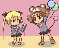  2girls :&lt; animal_costume balloon bear_costume blazer blonde_hair blue_eyes blush_stickers brown_eyes brown_hair commentary_request food hair_ribbon jacket kill_me_baby lee_(monsterheart) makizushi multiple_girls necktie oribe_yasuna ribbon school_uniform short_hair sonya_(kill_me_baby) sushi twintails 