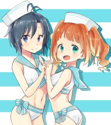  2girls bad_id bad_pixiv_id bikini black_eyes black_hair brown_hair green_eyes hat holding_hands idolmaster idolmaster_(classic) idolmaster_2 kikuchi_makoto long_hair multiple_girls sailor_bikini sailor_collar sailor_hat sailor_swimsuit_(idolmaster) short_hair sukoyaka_(100hituzi) swimsuit takatsuki_yayoi twintails 