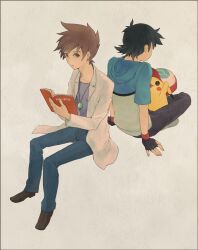  2boys artist_request book hat hat_removed headwear_removed labcoat lolicon multiple_boys ookido_shigeru pikachu pokemon pokemon_(anime) pokemon_(game) pokemon_black_and_white pokemon_bw reading satoshi_(pokemon) source_request 