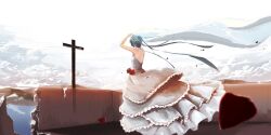  back bad_id bad_pixiv_id bridal_veil broken_wall cloud cross dress female formal hatsune_miku haz_first_music long_hair photoshop_(medium) sky solo strapless strapless_dress veil very_long_hair vocaloid wedding_dress 