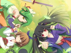  3girls bad_id bad_pixiv_id black_hair bow brown_hair chains circle_formation closed_eyes copyright_request green_hair japanese_clothes kimono long_hair lying masaki_(machisora) multiple_girls on_back pointing red_eyes short_hair sleeping smile sword twintails weapon yellow_eyes 