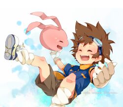  1boy brown_hair closed_eyes commentary_request copyright_name creature digimon digimon_(creature) digimon_adventure falling friends gloves goggles happy highres koromon laughing male_focus open_mouth outstretched_arms shoes socks tears u35 white_gloves white_legwear yagami_taichi 