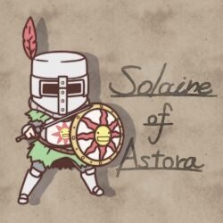  1boy armor character_name chibi commentary_request dark_souls_(series) dark_souls_i full_armor fushigi_ebi helmet knight male_focus shield solaire_of_astora solo sun_symbol sword visor_(armor) weapon 