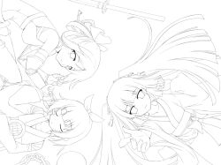  3girls bad_id bad_pixiv_id bow chains circle_formation copyright_request greyscale japanese_clothes kimono line_art long_hair lying masaki_(machisora) monochrome multiple_girls on_back pointing short_hair sleeping smile twintails 