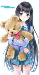  black_hair blue_eyes corrupted_metadata female highres hugging_object kami-sama_no_memo-chou kishida_mel light_smile long_hair pajamas shionji_yuuko shorts solo stuffed_animal stuffed_toy teddy_bear thighhighs very_long_hair white_thighhighs 