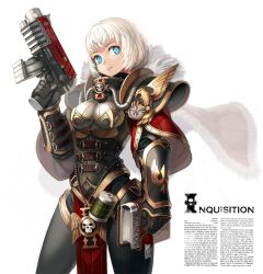  adepta_sororitas armor banned_artist beads bird blue_eyes bolter book breasts buckle cape eagle explosive feathers fleur_de_lis grenade gun highres holding large_breasts looking_at_viewer parted_lips pauldrons power_armor purity_seal short_hair silver_hair simple_background skull solo standing warhammer_40k weapon wings xil 