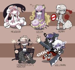  6+girls ahoge arm_warmers bandages bare_shoulders belt blonde_hair blood blood_stain blush_stickers boots bow chains checkered chibi commentary_request cross drill_hair english_text eyepatch eyewear_on_head forked_tongue frown gauntlets gears grey_eyes grey_hair gun hair_between_eyes hair_over_one_eye hairband holding jacket long_hair long_tongue looking_up mary_janes midriff monster_girl mukai_keiichirou multiple_girls mummy nata_(tool) no_nose no_symbol original pantyhose pleated_skirt purple_hair red_eyes ribbon road_sign shoes shotgun sign sitting skirt skull sleeping smile snake standing striped_clothes striped_pantyhose sunglasses tank_top thighhighs tongue torn_clothes twin_drills twintails weapon white_hair 