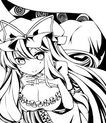  bad_id bad_pixiv_id bent_over bow breasts cleavage commentary_request female gap_(touhou) greyscale hairbow hat kamehima large_breasts long_hair monochrome smile solo touhou very_long_hair yakumo_yukari 