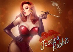  bad_deviantart_id bad_id breasts character_name cigarette cigarette_holder earrings elbow_gloves eyeshadow female gloves green_eyes hair_over_one_eye hand_on_own_hip jessica_rabbit jewelry kazeki large_breasts lipstick makeup orange_hair photoshop_(medium) realistic red_lips smoke smoking solo who_framed_roger_rabbit 