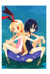  2girls absurdres asagiri_asagi back-to-back bare_legs bare_shoulders barefoot black_eyes black_hair blonde_hair casual_one-piece_swimsuit disgaea earrings flonne flonne_(fallen_angel) hair_between_eyes hair_ornament hairband hairclip halterneck harada_takehito highres innertube jewelry long_hair looking_at_viewer makai_senki_disgaea multiple_girls nippon_ichi oerba_yun_fang official_art one-piece_swimsuit open_mouth partially_submerged pointy_ears red_eyes school_swimsuit short_hair smile swim_ring swimsuit water 