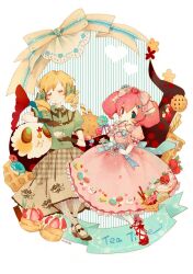  2girls aqua_eyes bad_id bad_pixiv_id black_gloves blonde_hair blue_eyes bow bowtie brown_dress charlotte_(madoka_magica) chocolate closed_eyes cup cupcake doughnut dress drill_hair eyelashes food food-themed_clothes food_print fruit full_body gloves hair_ribbon hairbow hatoyama_itsuru lolita_fashion mahou_shoujo_madoka_magica mahou_shoujo_madoka_magica_(anime) mary_janes multiple_girls pantyhose personification pink_dress pink_hair pocky print_dress puffy_sleeves ribbon shoes short_hair short_twintails smile spoon strawberry striped striped_background sweet_lolita tea teacup tomoe_mami twin_drills twintails white_legwear 