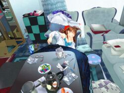  bad_id bad_pixiv_id blurry breasts brown_hair chair couch covered_nipples drooling easy_chair female glasses long_hair medium_breasts messy_room original pen sleeping solo strap_slip teapot tissue_box yadapot 