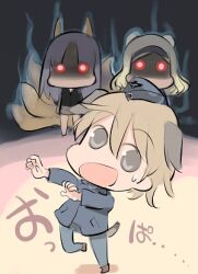  aleksandra_i_pokryshkin angry animal_ears chibi dance dancing edytha_rossmann hat lowres military military_uniform shimada_fumikane strike_witches thriller translation_request uniform waltrud_krupinski 