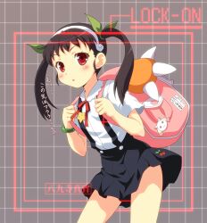  :o backpack bag bakemonogatari black_hair blush bracelet commentary_request female green_ribbons hachikuji_mayoi hair_ribbon hairband heads-up_display jewelry katou_emiri kyuubee leaning_forward lolicon mahou_shoujo_madoka_magica mahou_shoujo_madoka_magica_(anime) md5_mismatch monogatari_(series) nisemonogatari open_mouth pleated_skirt red_eyes ribbon skirt solo star_(symbol) stuffed_toy suspender_skirt suspenders translated twintails voice_actor_connection yamasan 