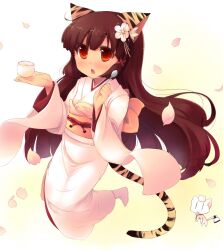  animal_ears blush brown_hair feline female flower hair_flower hair_ornament japanese_clothes kimono long_hair obi open_mouth original petals red_eyes sash shin_(new) solo spoon tail tiger_ears tiger_tail white_kimono 