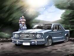  car commentary_request female hat highres japanese_clothes left-hand_drive motor_vehicle muscle_car nature open_mouth pink_hair red_eyes saigyouji_yuyuko short_hair smile solo touhou tree triangular_headpiece tukiwani vehicle_focus 