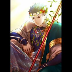  1boy adapted_costume armor blue_hair cape closed_mouth commentary_request cu_chulainn_(fate) cu_chulainn_(fate/stay_night) dissolving earrings fate/stay_night fate_(series) flower gae_bolg_(fate) gold_trim hair_flower hair_ornament half-closed_eyes hand_up jewelry leaf_hair_ornament long_hair looking_down male_focus mistletoe pauldrons pillarboxed plant polearm ponytail red_eyes red_flower robe san_moto shoulder_armor side_cape single_pauldron solo spear vines weapon white_cape white_flower 