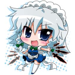  apron bad_id bad_pixiv_id blue_eyes blue_skirt blush bow braid chibi female grey_hair hair_ribbon izayoi_sakuya knife maid maid_headdress noai_nioshi open_mouth ribbon shirt skirt smile solo touhou twin_braids 