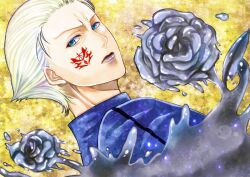  1boy bad_id bad_pixiv_id blonde_hair blue_eyes command_spell dutch_angle fate/zero fate_(series) flower grey_flower grey_rose hair_slicked_back kayneth_el-melloi_archibald lips male_focus mercury_(element) rose solo volumen_hydragyrum_(fate) yaco_rose 