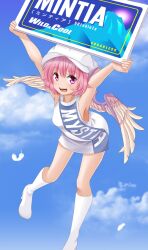  ad alternate_costume animal_ears armpits arms_up blue_sky boots box chewing_gum clothes_writing cloud commentary_request day feathers female flying hat knee_boots mint mystia_lorelei open_mouth pink_eyes pink_hair race_queen shimouki_izui short_hair skirt sky smile solo touhou white_skirt wings 