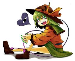  bad_id bad_pixiv_id female fingernails green_eyes green_hair hat heart koishi_komeiji&#039;s_heart-throbbing_adventure komeiji_koishi legs long_hair open_mouth sharp_teeth shoes smile solo teeth third_eye touhou yaza 