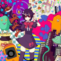  :&gt; ahoge arm_garter bad_id bad_pixiv_id bird black_hair black_thighhighs bottle bow buck_teeth building checkered colored_sclera dress electrical_outlet eraser female flower frills houjuu_nue mushroom ngayope no_nose pointing polearm polka_dot red_eyes ribbon sea_otter short_hair skyscraper smile snake solid_circle_eyes solo spiral star_(symbol) striped talons teeth thighhighs tombow_mono touhou trident ufo weapon wings yellow_sclera 