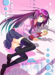  bad_id bad_pixiv_id bakemonogatari black_thighhighs blue_eyes boxcutter brown_footwear female hair_ornament hayama_eishi juliet_sleeves loafers long_hair long_sleeves looking_at_viewer monogatari_(series) naoetsu_high_school_uniform necktie parted_lips pink_shirt pleated_skirt protractor puffy_sleeves purple_hair purple_skirt ruler school_uniform scissors senjougahara_hitagi shirt shoes skirt solo stapler thighhighs 