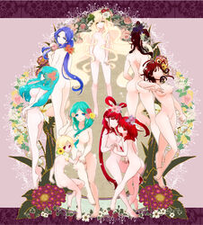  6+girls aqua_hair art_nouveau ass barefoot blonde_hair blue_eyes breasts brown_eyes brown_hair censored commentary_request convenient_censoring cousins dunya_mustashim flower green_eyes hair_flower hair_ornament holding_hands interlocked_fingers kondoru long_hair magi_the_labyrinth_of_magic mask morgiana multiple_girls myers navel no_nipples nude pisti purple_eyes purple_hair red_eyes red_hair ren_hakuei ren_kougyoku scheherazade_(magi) short_hair toto_(magi) yamuraiha yuri 