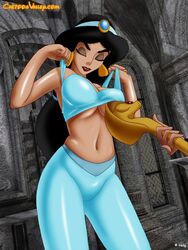  1boy 1girls aladdin arabian_clothes breasts cartoonvalley.com disney disney_princess harem_outfit helg jafar princess_jasmine undressing 