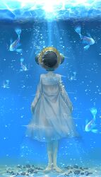  .flow air_bubble barefoot bubble caustics commentary diving_helmet dress female fish gears helmet highres mochimochi_dando oreko screw solo standing underwater water 