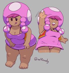  1girls blush chubby chubby_female female female_only greeting grey_background hair mario_(series) mob_face mushroom_girl mushroom_humanoid nintendo oofrowdy panties seductive_look shortstack simple_background simple_eyes tan_body toadette twintails upskirt waving_hand 