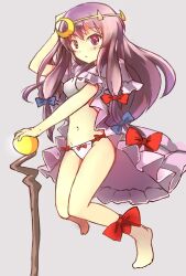  adapted_costume ankle_bow ankle_ribbon barefoot bow cane circlet commentary crescent crescent_hair_ornament female full_body hair_ornament hair_ribbon leg_ribbon long_hair mushiboy navel panties patchouli_knowledge purple_eyes purple_hair ribbon simple_background solo touhou underwear 