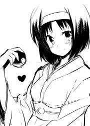  blush commentary_request erika_(pokemon) female greyscale hairband heart holding holding_poke_ball monochrome nakamura_sandayo photoshop_(medium) poke_ball poke_ball_(basic) pokemon pokemon_hgss simple_background smile solo white_background 