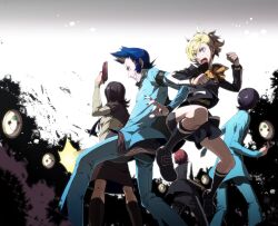  2girls 3boys amano_maya bad_id bad_pixiv_id blue_hair brown_hair bun-o fighting_stance grin kasugayama_high_school_uniform kurosu_jun lisa_silverman mishina_eikichi multiple_boys multiple_girls nail_polish persona persona_2 persona_2_tsumi photoshop_(medium) school_uniform seven_sisters_high_school_uniform short_hair smile suou_tatsuya 