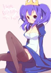  blue_eyes blush breasts cleavage commentary_request crown empoleon female glasses happy_birthday medium_breasts nakamura_sandayo panties panties_under_pantyhose pantyhose personification photoshop_(medium) pokemon purple_hair simple_background solo thighband_pantyhose translated twintails underwear white_background 