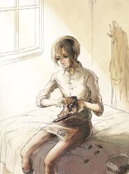  bad_id bad_pixiv_id bed bullet coat dress_shirt female fur_hat gun handgun hat kaidou_(satelliteer) kino_(kino_no_tabi) kino_no_tabi light on_bed photoshop_(medium) reverse_trap revolver shirt short_hair sitting sleeves_rolled_up solo tomboy weapon window 