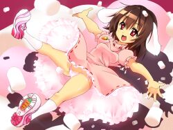  animal_ears bad_id bad_pixiv_id brown_hair carrot carrot_necklace female food highres inaba_tewi jewelry kotomuke_fuurin lowleg lowleg_panties marshmallow necklace panties pantyshot pendant rabbit_ears red_eyes shoes side-tie_panties smile sneakers solo touhou underwear white_legwear 