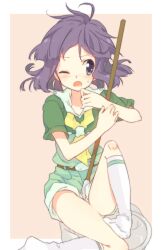  1boy androgynous belt bugsy_(pokemon) butterfly_net commentary_request hand_net kneehighs male_focus nakamura_sandayo one_eye_closed photoshop_(medium) pokemon purple_eyes purple_hair socks solo 