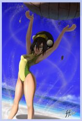  14-bis aqua_eyes arms_up avatar:_the_last_airbender avatar_legends beach black_hair border breasts bun_cover clothes_writing commentary day double_bun element_bending english_commentary female hair_bun medium_breasts ocean one-piece_swimsuit photoshop_(medium) shadow solo swimsuit toph_bei_fong 