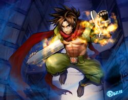  1boy blazblue brown_eyes brown_hair commentary_request gloves long_hair lrpanda00 male_focus photoshop_(medium) ponytail red_scarf scar scarf shishigami_bang smile solo 