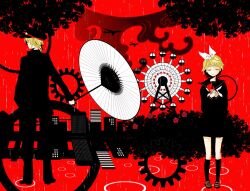  amoko_(chokokorone) city flowers kagamine_len kagamine_rin plane rain red rose umbrella vocaloid 