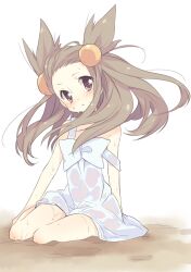  brown_eyes brown_hair commentary_request dress female hair_bobbles hair_ornament jasmine_(pokemon) long_hair nakamura_sandayo photoshop_(medium) pokemon pokemon_gsc see-through simple_background sitting solo sweat two_side_up white_background 