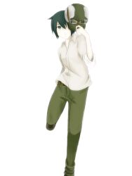  belt collared_shirt commentary_request dress_shirt female fur_hat goggles goggles_on_headwear green_hair green_pants gurin_(no-pain-no-gain) hair_over_one_eye hat highres kino_(kino_no_tabi) kino_no_tabi long_sleeves pants photoshop_(medium) reverse_trap shirt short_hair simple_background sleeves_rolled_up solo standing standing_on_one_leg unworn_hat unworn_headwear white_background white_shirt 